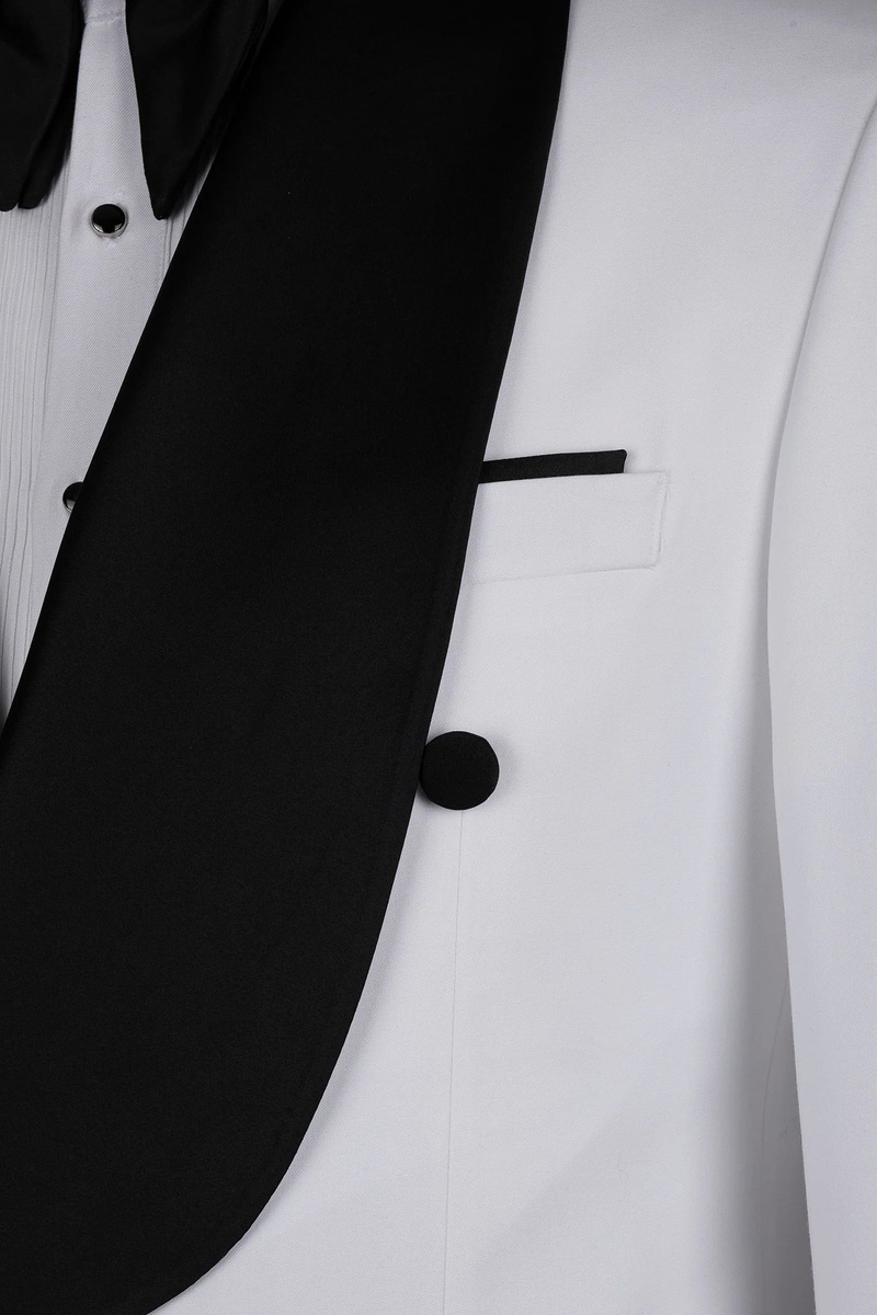 White Double-Breasted Wool Blend Shawl Collar Men's Wedding Suit with Gold Buttons