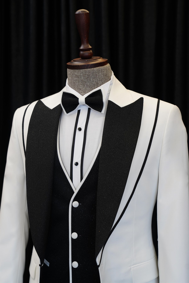 Abel Fashion White and Black Pointed Lapel Three-Piece Wedding Suit