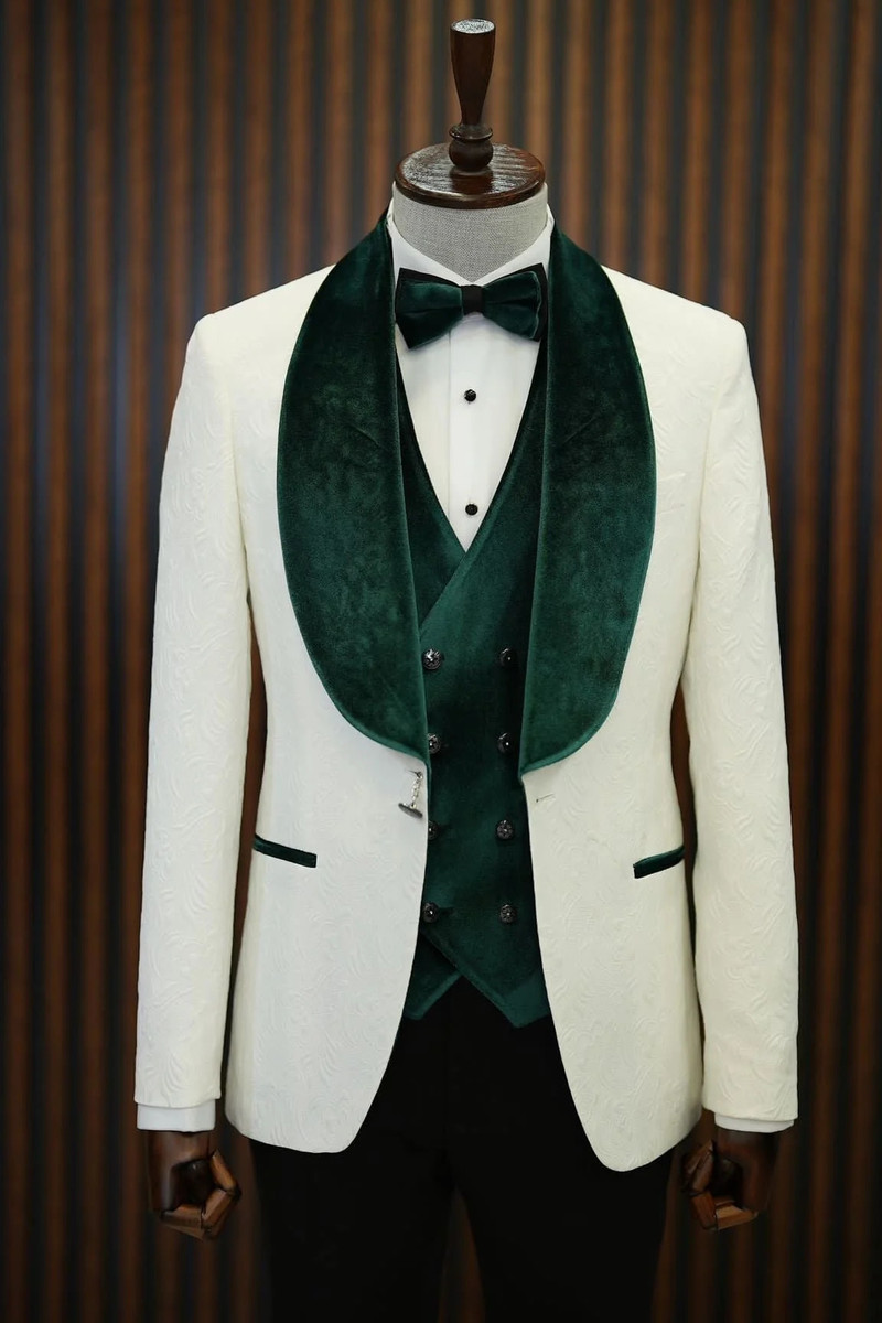 bella Green Velvet Shawl Lapel Jacquard Slim Fit Three-Piece Tuxedo