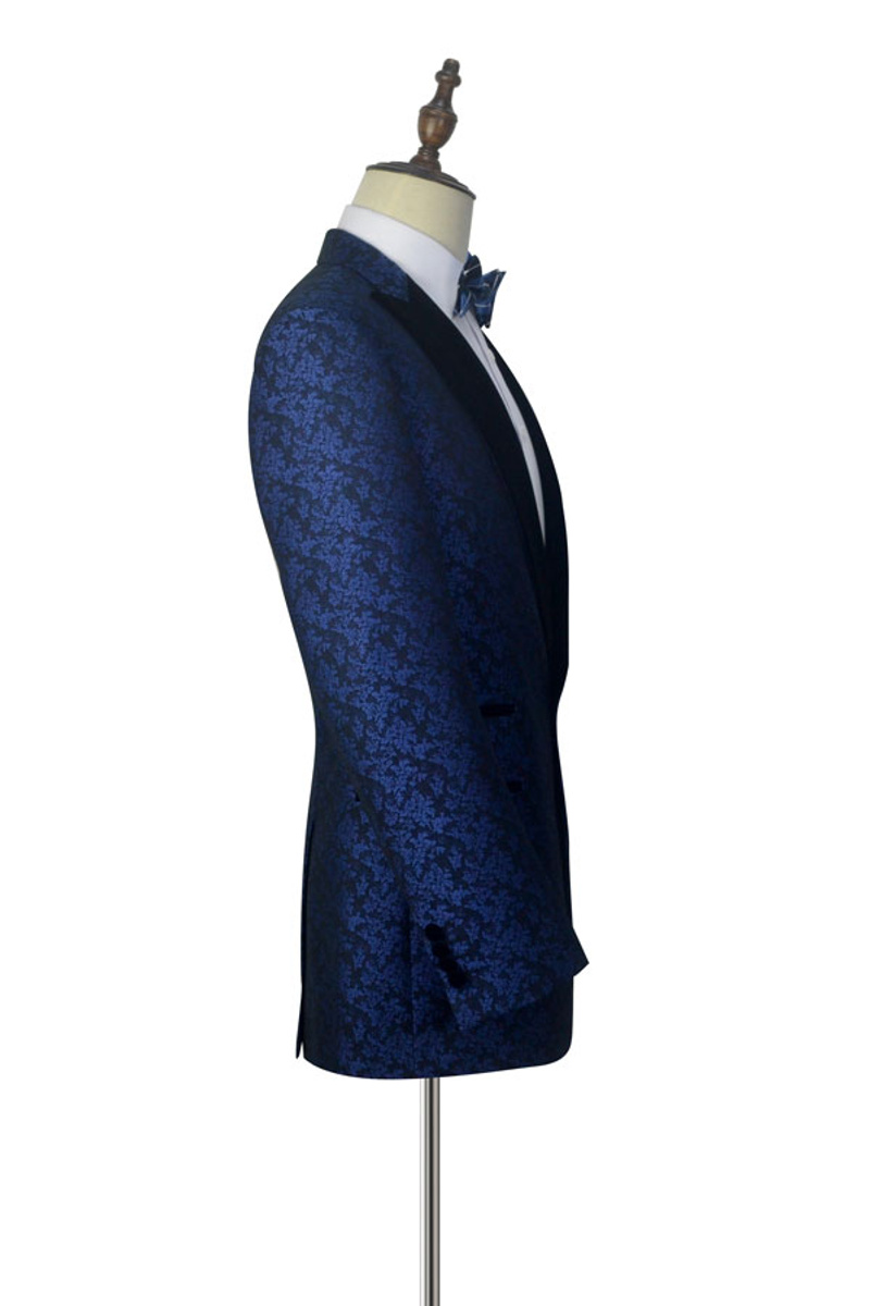 Blue Floral Tuxedo Black Velvet Point Collar Prom Suit