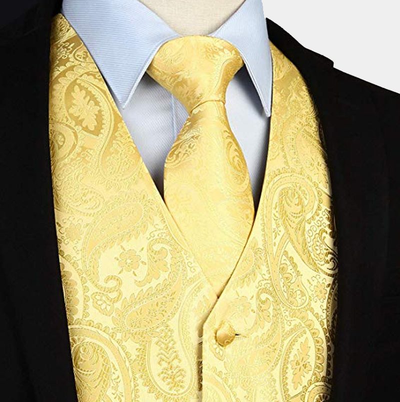 Silk Yellow Paisley Vest With Tie Set