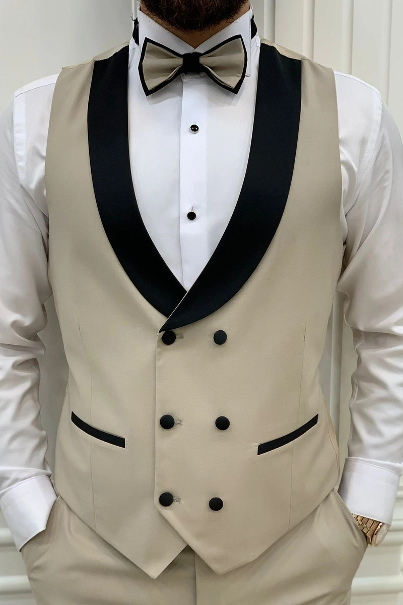 Modern Beige Slim Peak Collar Three-Piece Tuxedo