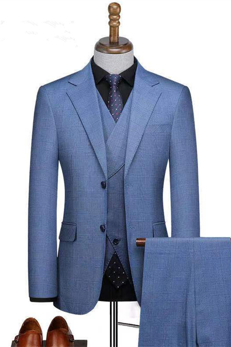 Zachariah Stylish Blue Three Piece Slim Fit Notched Lapel Business Suit