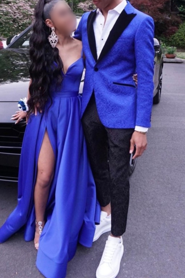 Royal Blue Jacquard One Button Point Lapel Prom Men Suit