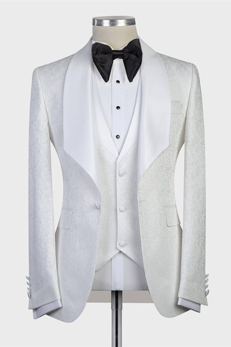 Jacoby Bespoke Three-Piece White Jacquard Cape Lapel Wedding Tuxedo