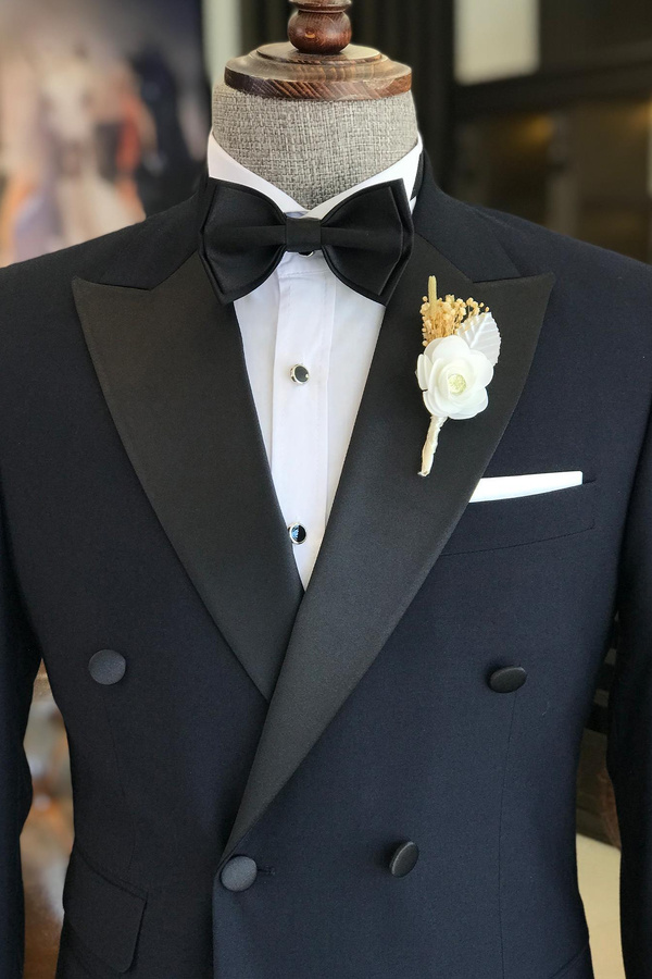Trendy Dark Navy Wedding Tuxedo Black Satin Lapel Prom Suit
