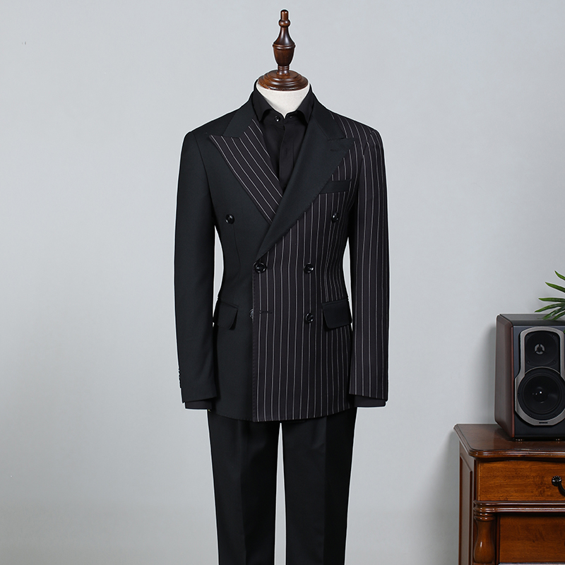 Beacher Formal Black Striped Point Lapel Double Breasted Tailored Business Suit