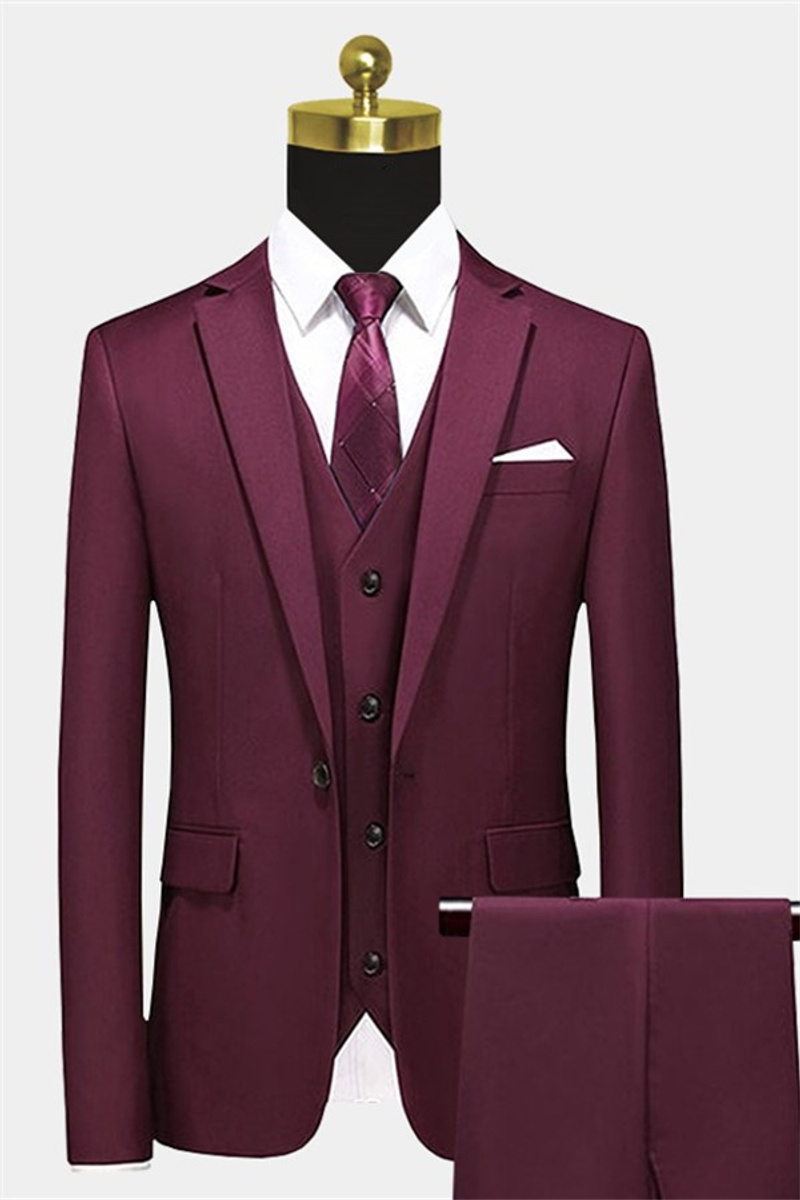 Armando Burgundy Three-Piece Suit Peak Lapel Tuxedo