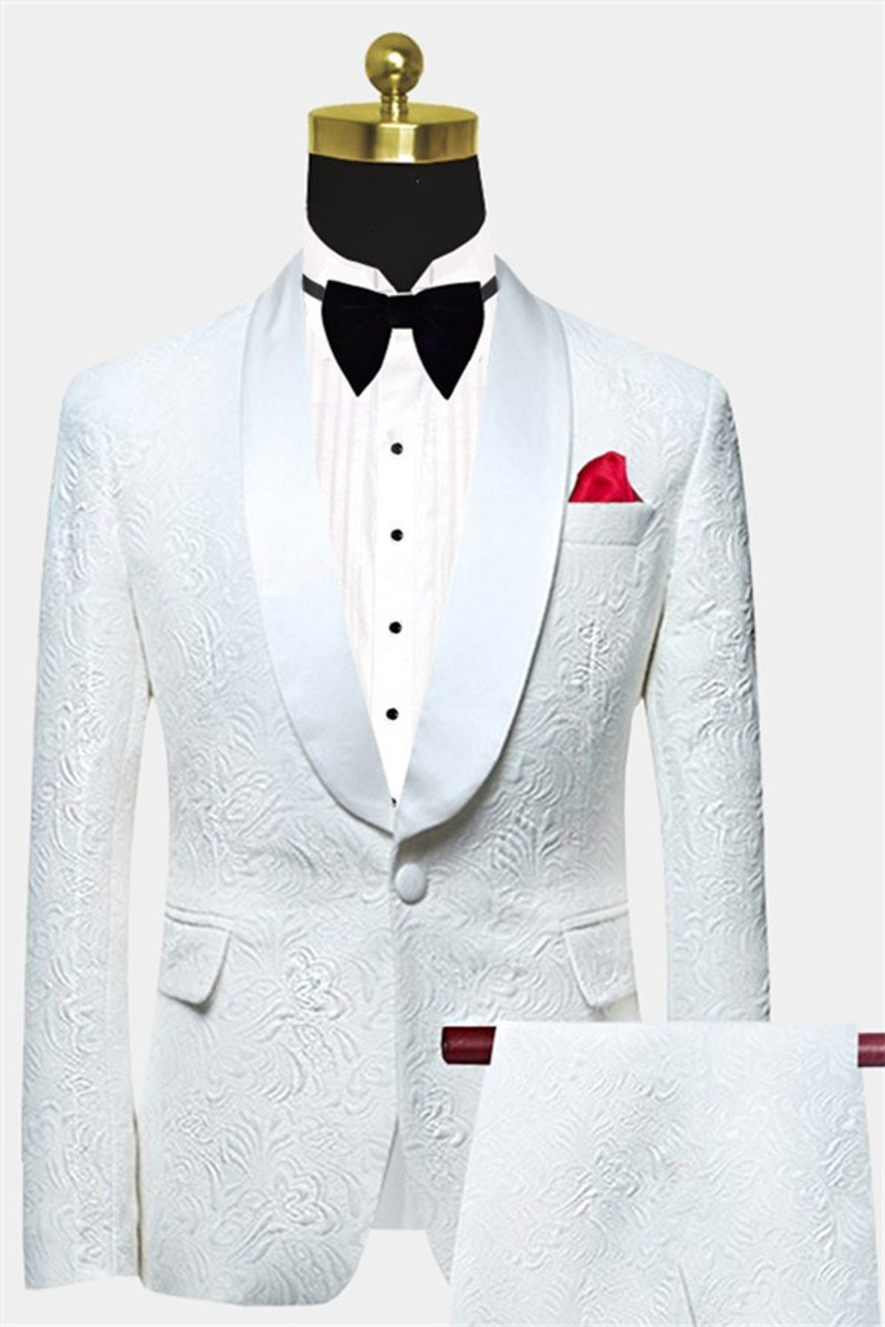 White Jacquard Wedding Suit Elegant Two-Piece Shawl Lapel Groom Suit