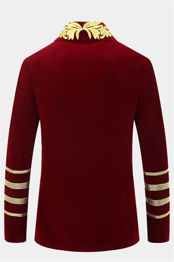 Burgundy Velvet Boyfriend Blazer Gold Embroidered Tuxedo Jacket For Prom