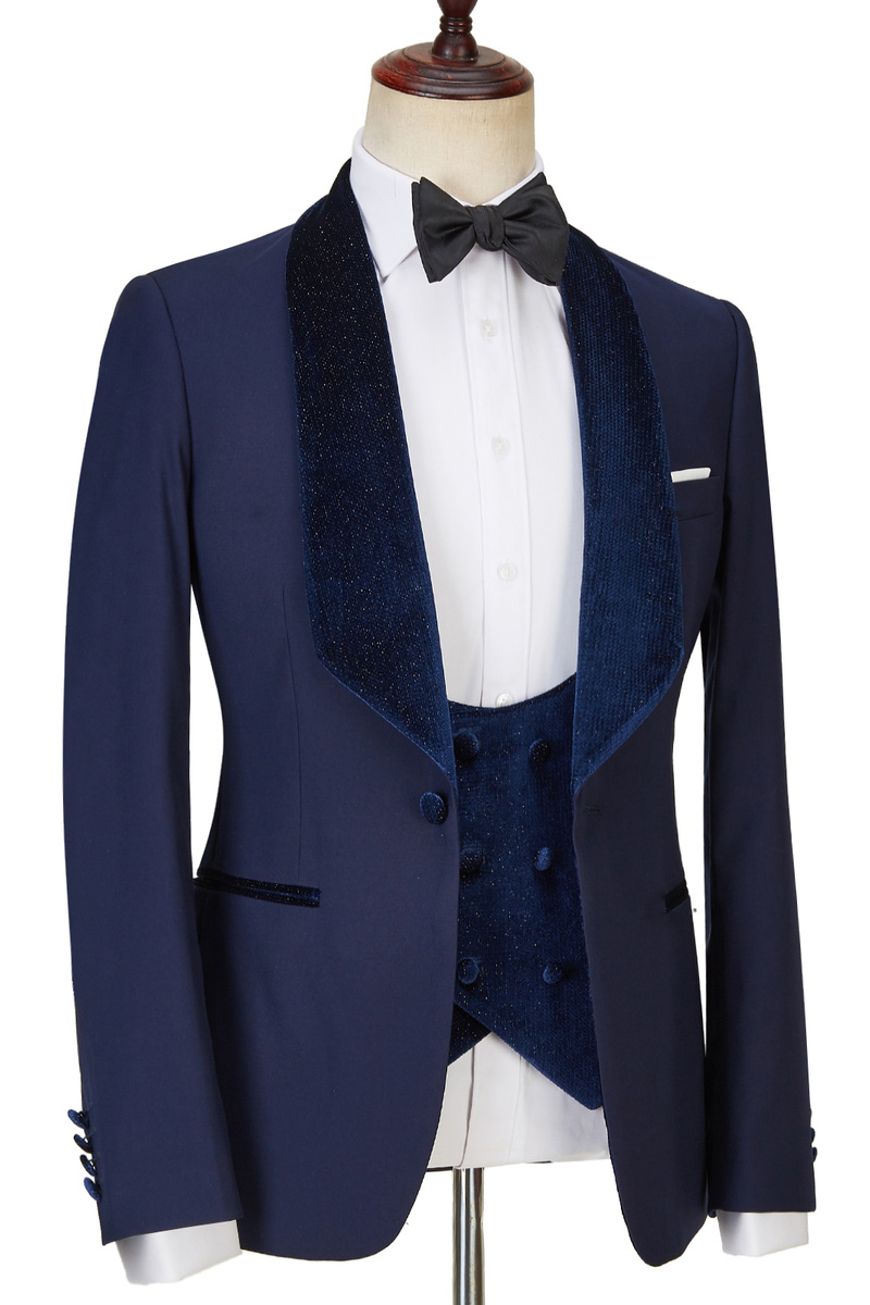 Dylan Design Navy Blue Velvet Best Fit Three-Piece Sparkling Suit