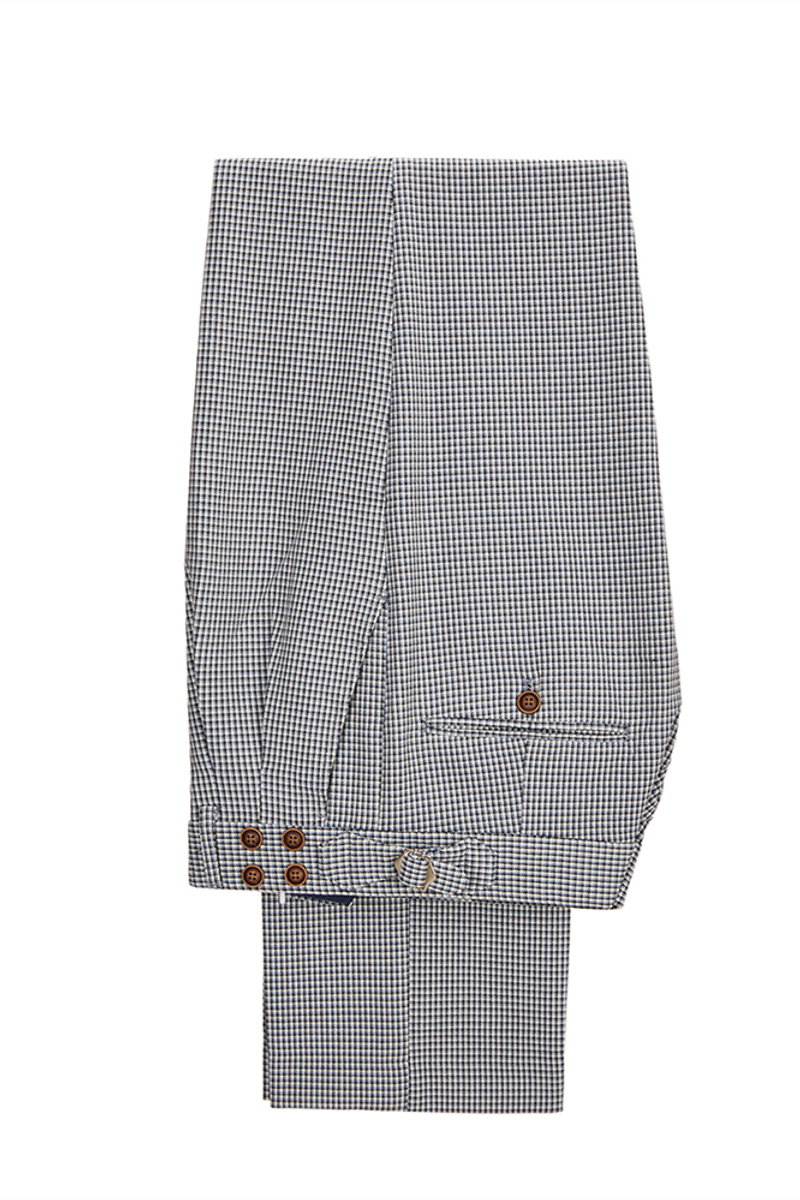 Black-and-White Plaid Slim Fit Three-Piece Suit with Denim Blue Waistcoat