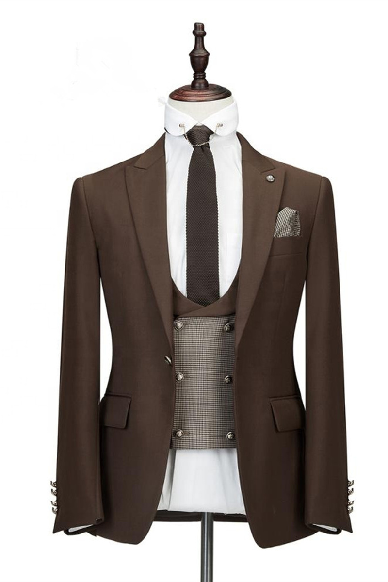 Gage Brown Three-Piece Peaked Lapel Slim Fit Wedding Suit