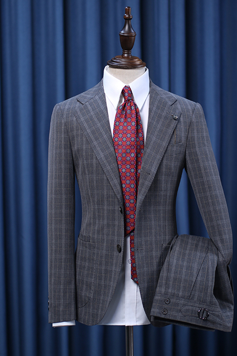 Hogan Elegant Dark Grey Plaid Notched Lapel Slim Fit Tailored Business Suit