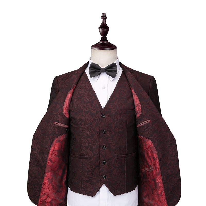 Fashion Burgundy Check Design Prom Suit Three-Piece One-Button Tuxedo