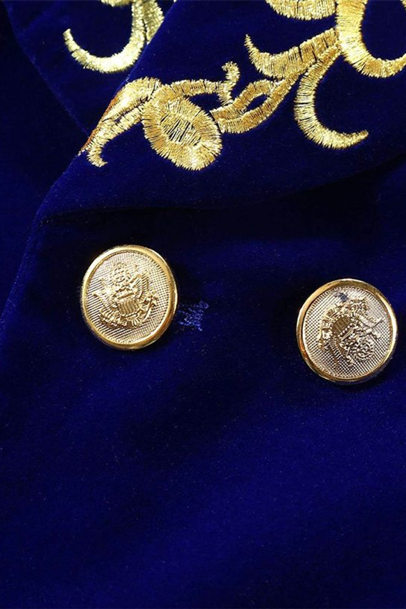 Men Royal Blue Blazer Gold Embroidered Lapel Velvet Jacket