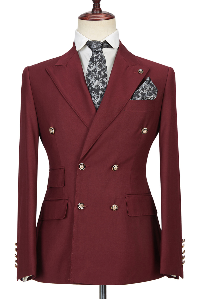 Luman Stylish Double-Breasted Burgundy Peak Lapel Formal Suit