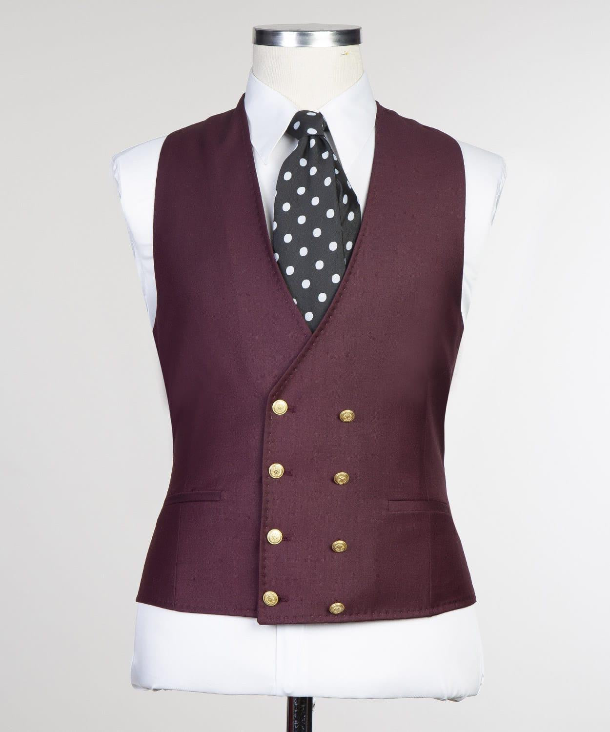 Fashion Burgundy Three-Piece Peaked Lapel Suit