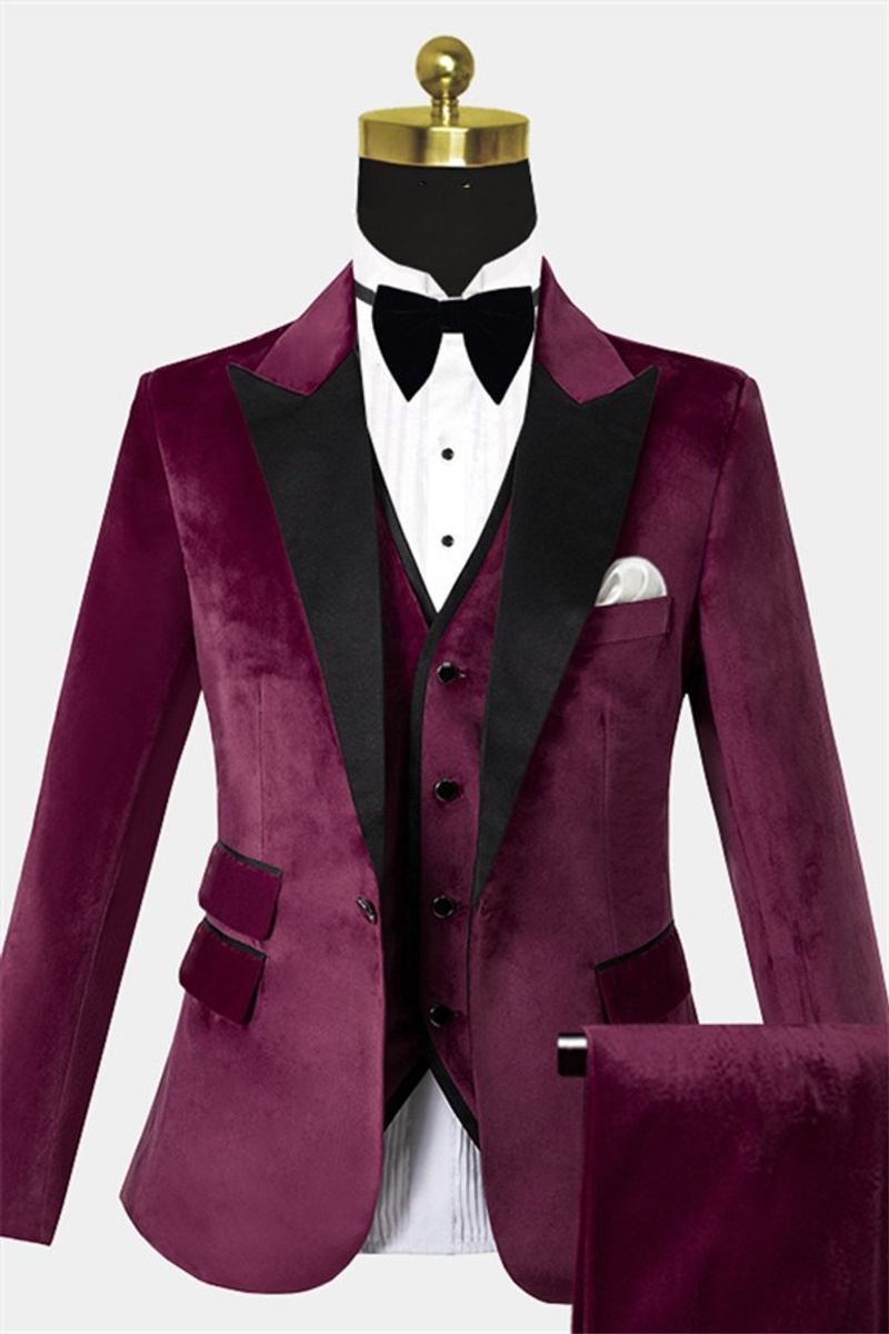 Burgundy Velvet Three-Piece Tuxedo Point Collar Prom Suit
