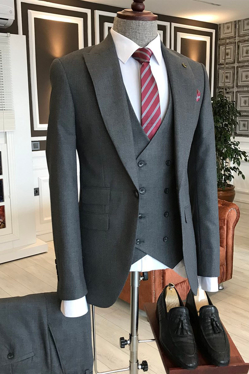 Adolph Gentle Dark Grey Wool Three-Piece Point Lapel Business Suit