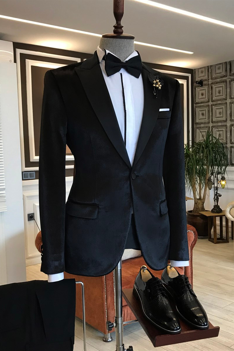 Ariel Black Velvet One-Button Point Lapel Slim Fit Suit