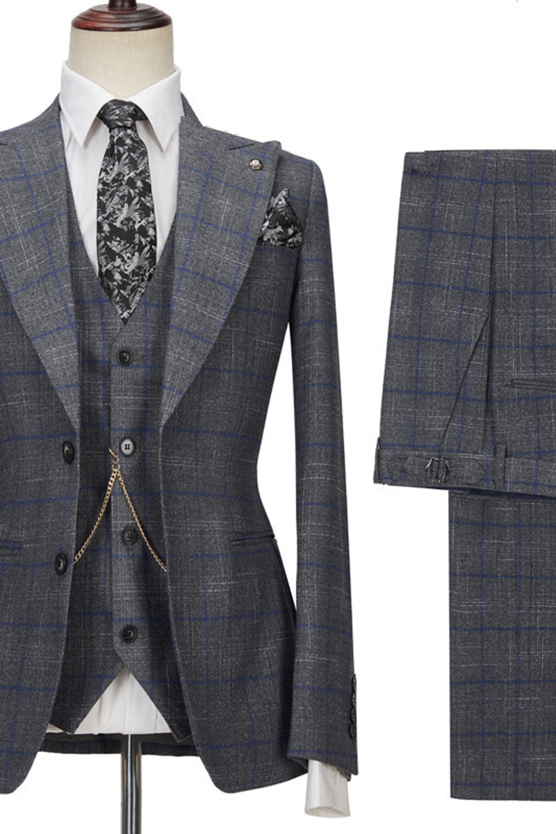 Brendon Grey Custom Notched Lapel Three Piece Plaid Slim Fit Suit