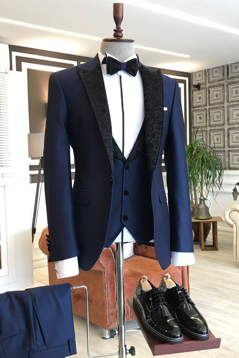 Modern Navy Three-Piece Black Jacquard Point Lapel Business Suit