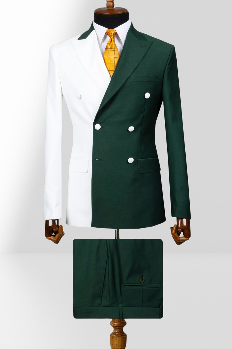 White and Green Double-Breasted Slim Fit Two-Piece Suit