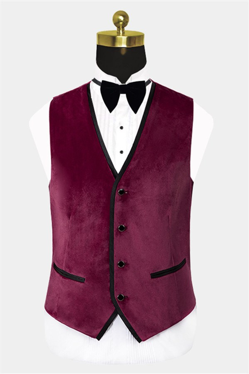 Burgundy Velvet Three-Piece Tuxedo Point Collar Prom Suit