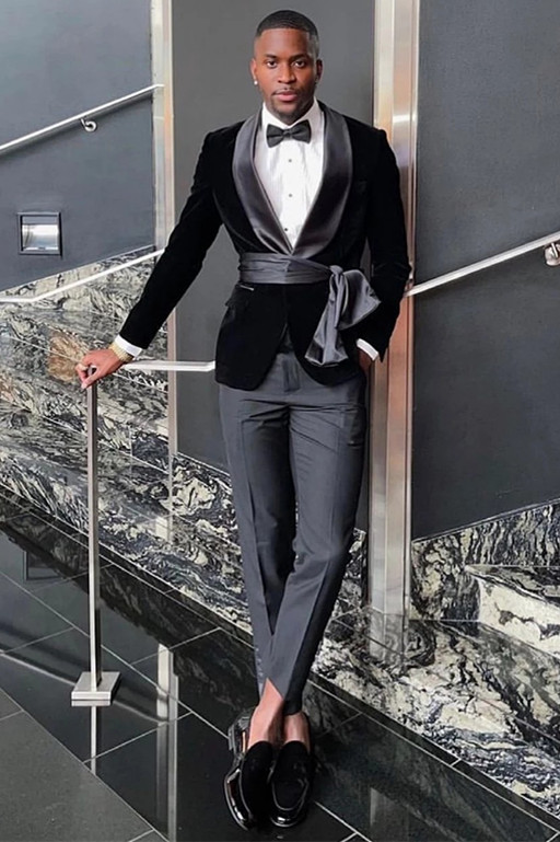 Black Velvet Two-Piece Shawl Lapel Prom Suit