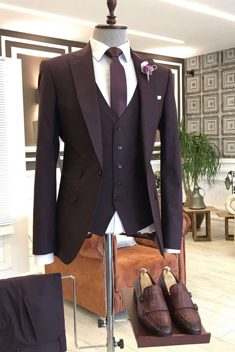 Ken Burgundy Point Lapel One Button Three Flap Business Suit