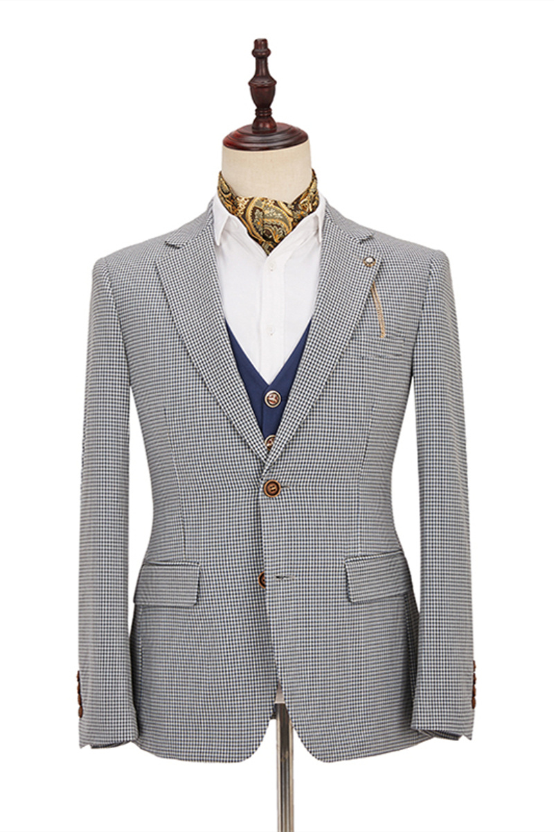 Black-and-White Plaid Slim Fit Three-Piece Suit with Denim Blue Waistcoat