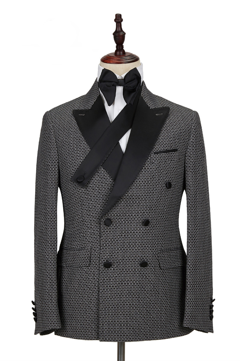 Modern Black-and-Gray Cruciform Satin Peak Lapel Double-Breasted Formal Suit