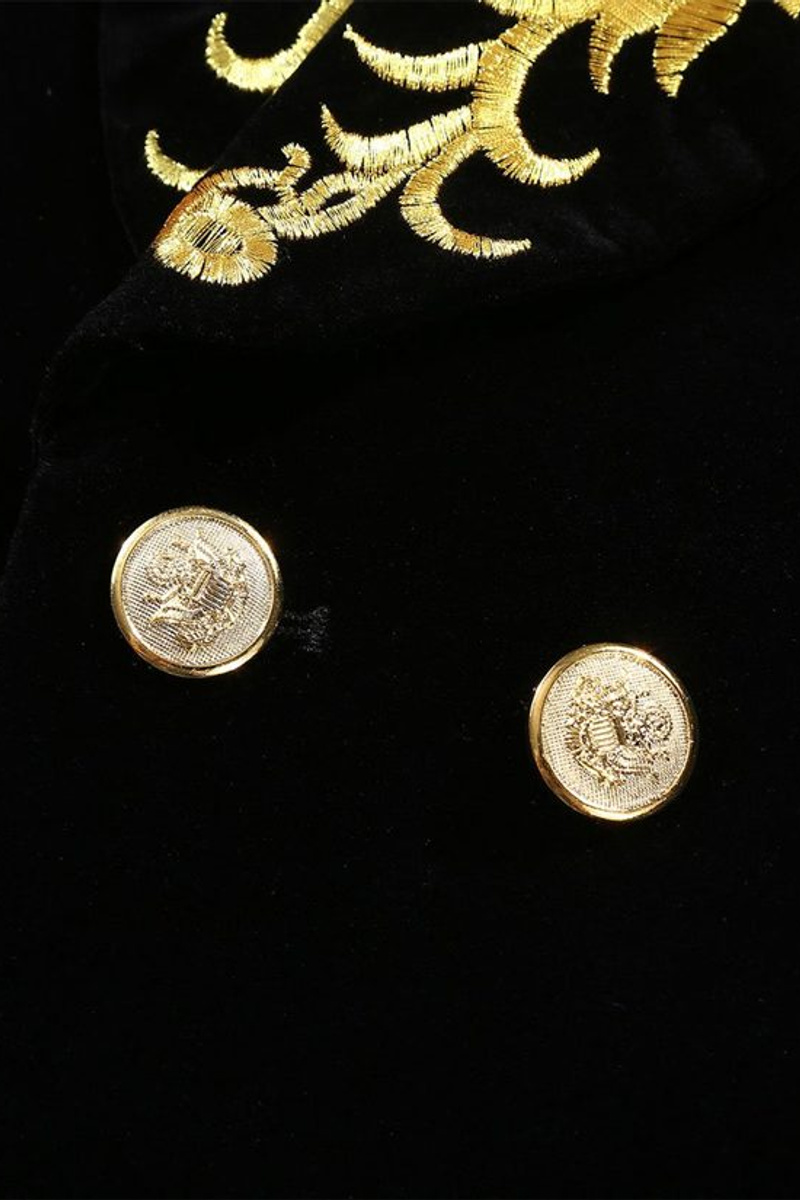 Black Velvet One Piece Jacket Gold Embroidered Double Breasted Tuxedo