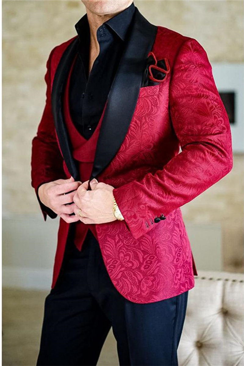 Red Shawl Lapel Jacquard Tuxedo Men Blazer Evening Jacket 3 Groomsmen