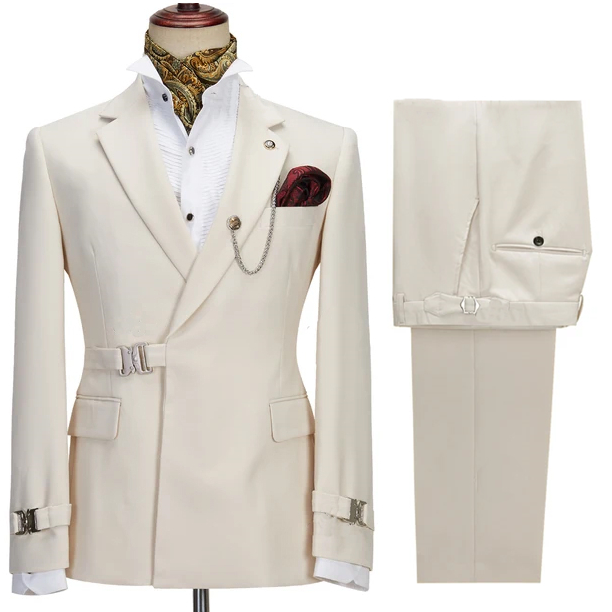 Ivory White Notched Lapel Side Buckle Fashion Suit