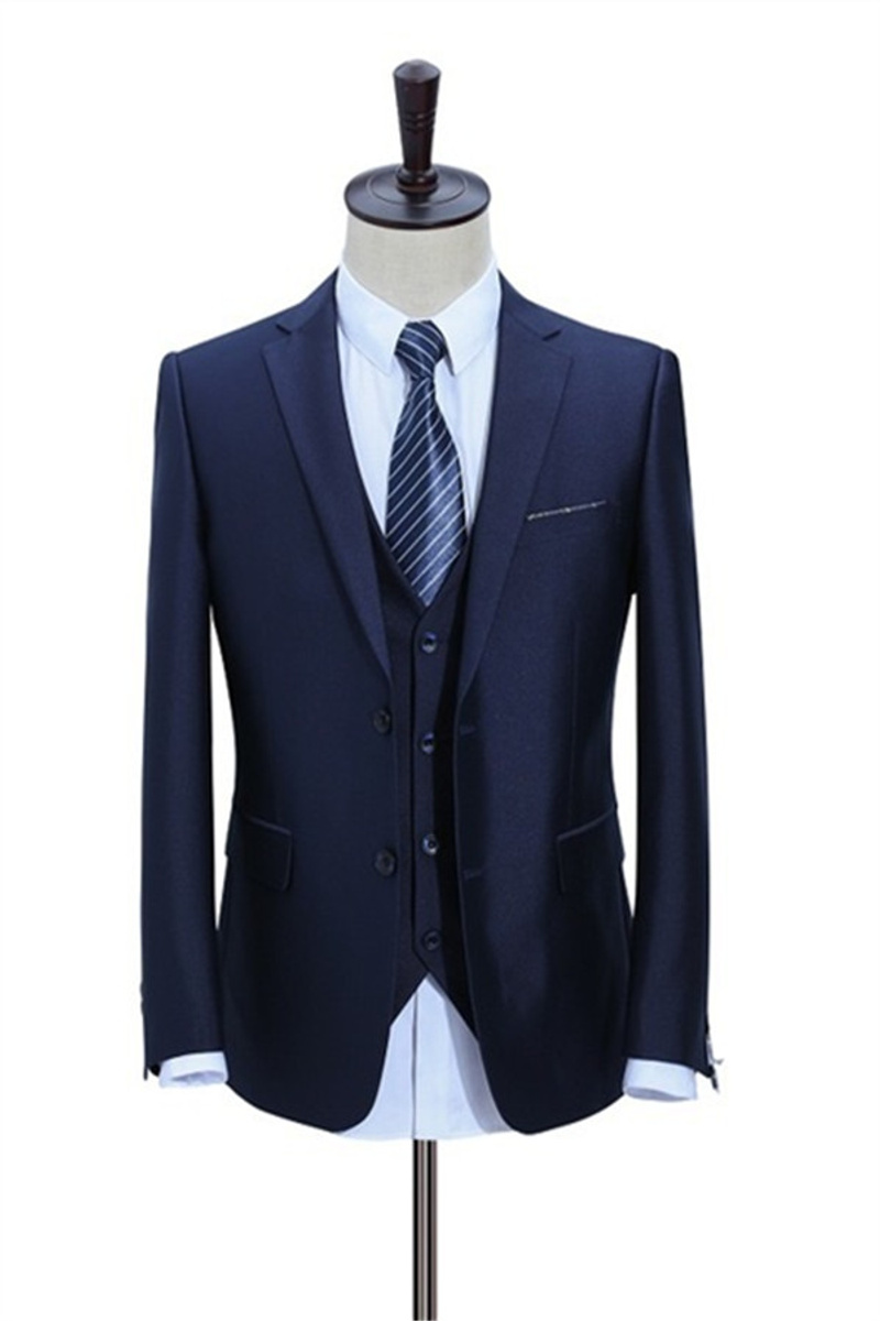Dark Blue Three-Piece Slim Fit Tuxedo Business Casual Groom Suit