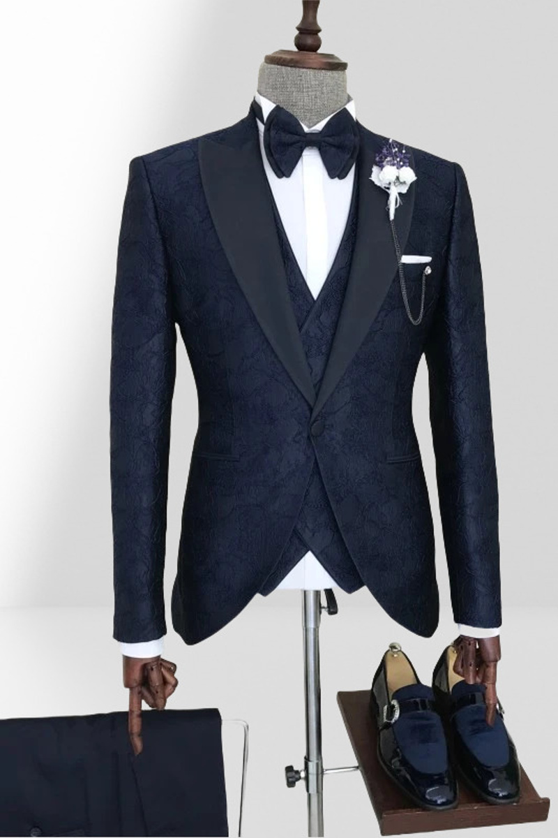 Dark Navy Jacquard Peak Lapel Three-Piece Wedding Suit