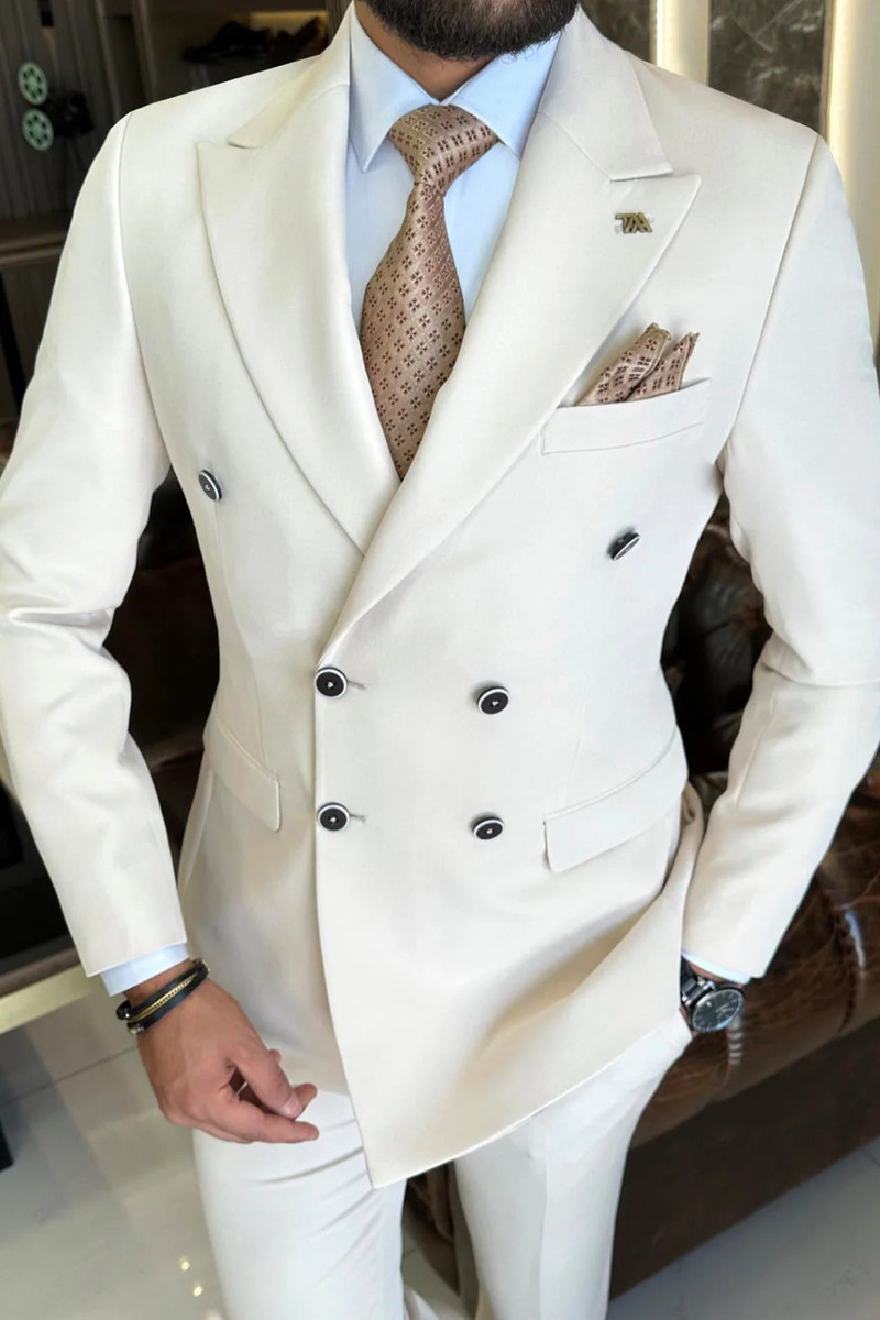 Italian Simple Ivory Pointed Collar Double-Breasted Slim Fit Two-Piece Suit