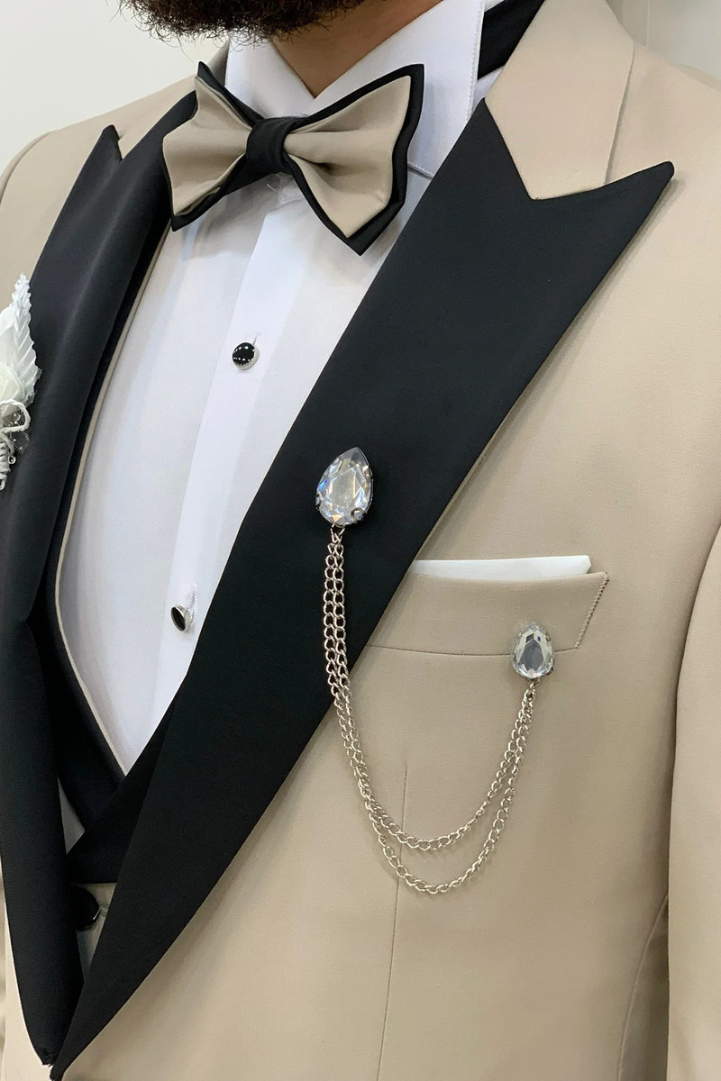 Modern Beige Slim Peak Collar Three-Piece Tuxedo