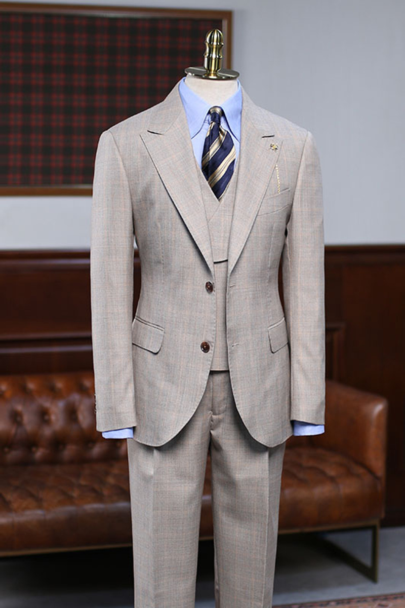 Abel Formal Light Khaki Check Three Piece Custom Business Suit