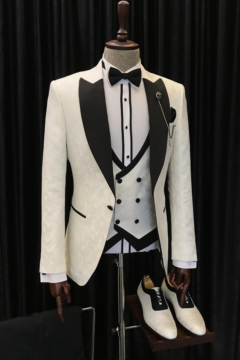 Alvin New White Jacquard Three-Piece Black Point Lapel Wedding Suit