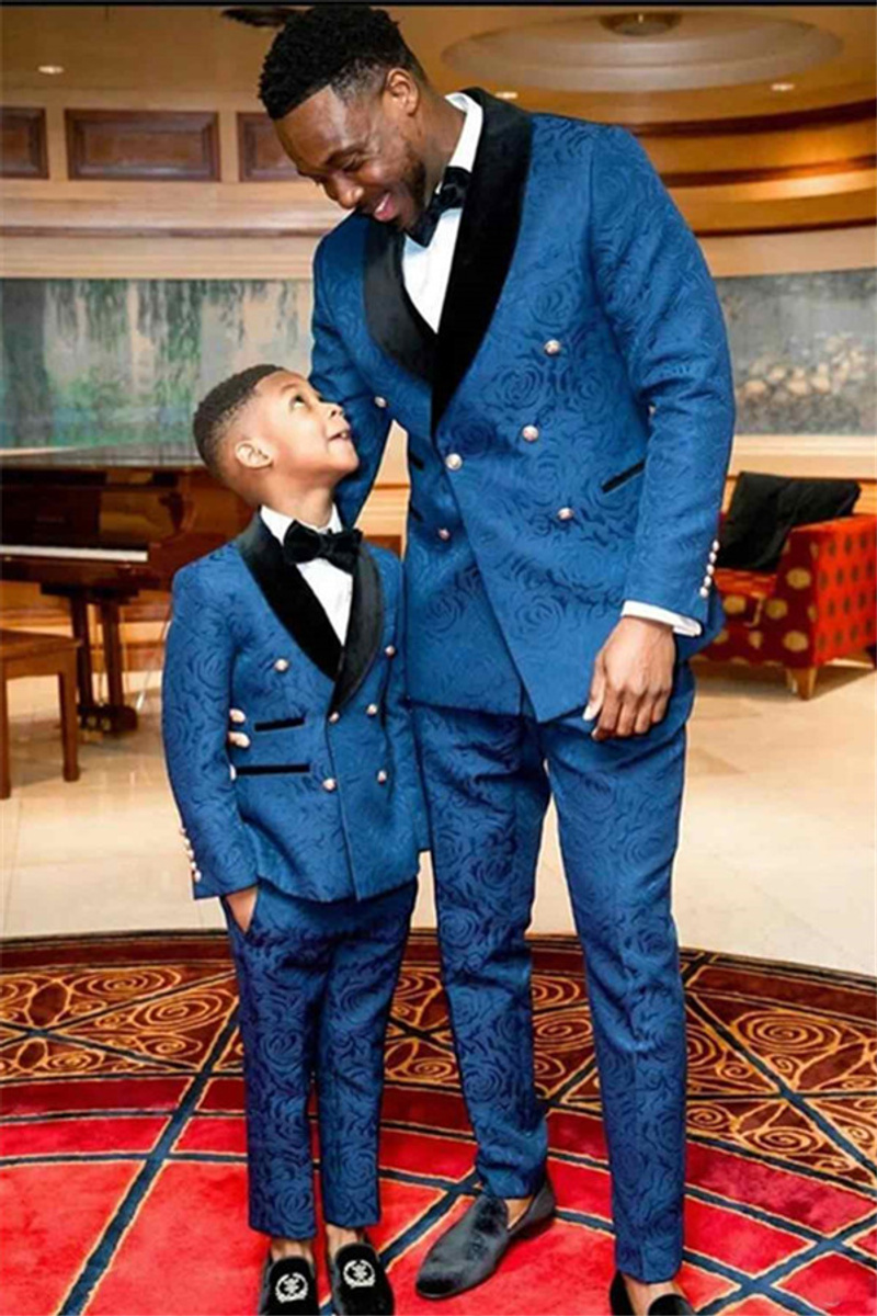 Navy Blue Jacquard Double-Breasted Groom Suit Black Lapel