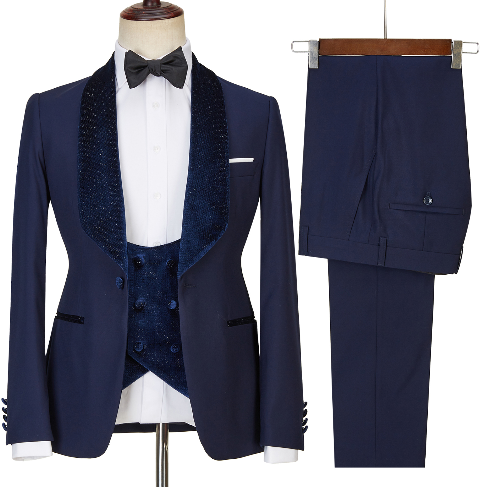 Dylan Design Navy Blue Velvet Best Fit Three-Piece Sparkling Suit