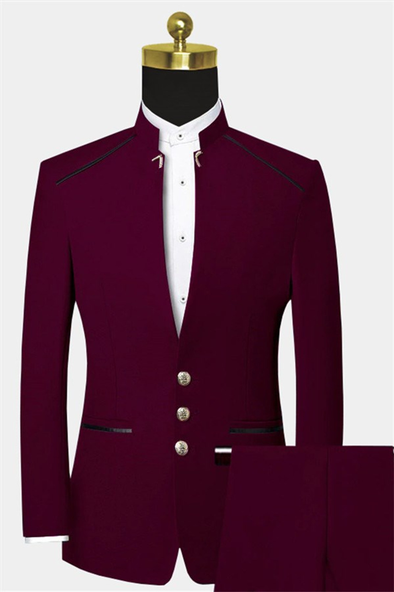 Burgundy Plain Neck Suit Two-Pack Prom Suit