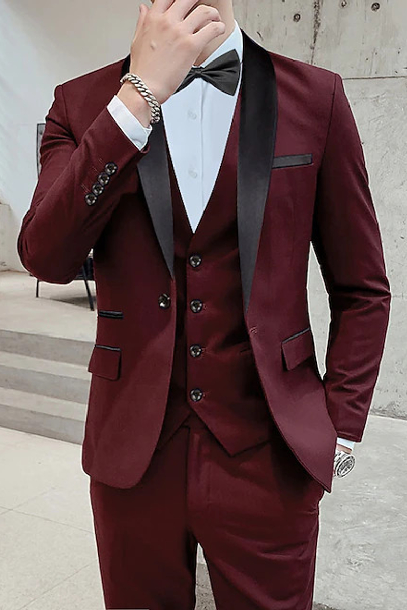 Burgundy Shawl Lapel Wedding Tuxedo Suit Prom Men Suits 3 Pcs