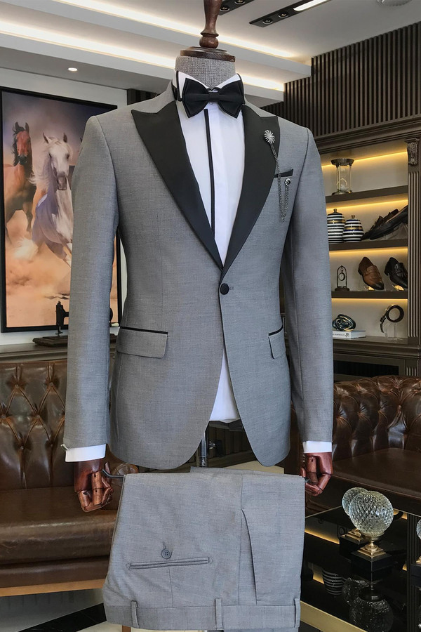 Gray One-Button Black Lapel Collar Men's Two-Piece Suit Available Online
