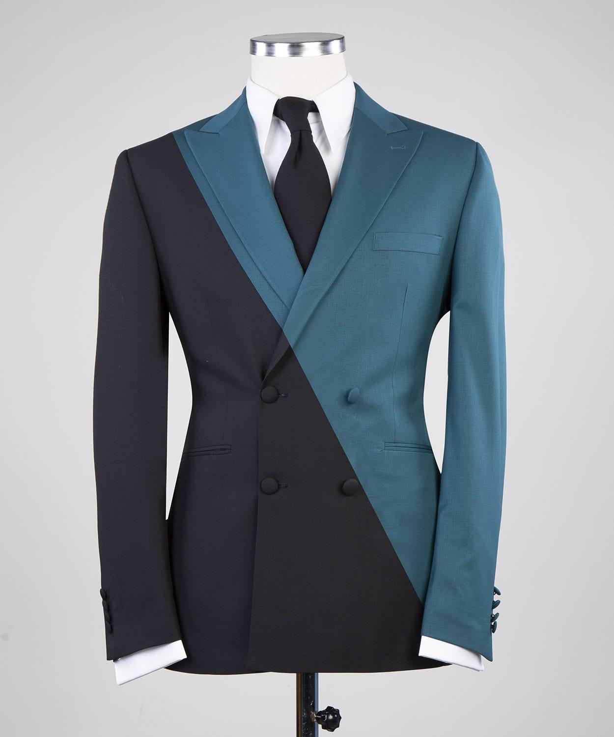 Modern Gray Blue And Black Double Breasted Men Ball Suit With Peak Collar