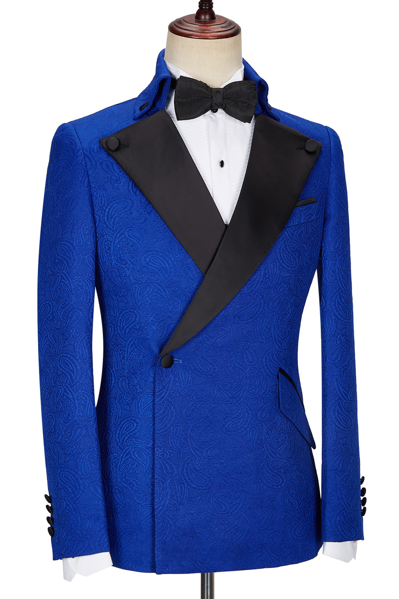 Dean Fashion New Royal Blue Jacquard Black Lapel Wedding Suit