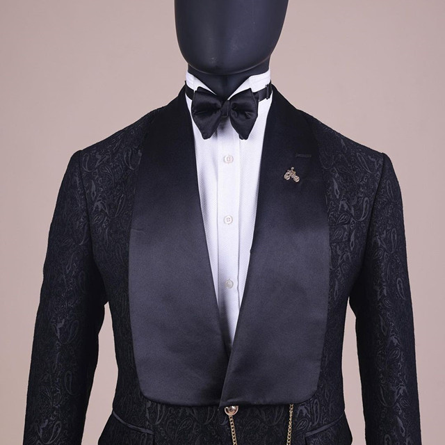 Bom Black Jacquard Shawl Lapel Wedding Groom Suit Two-Piece
